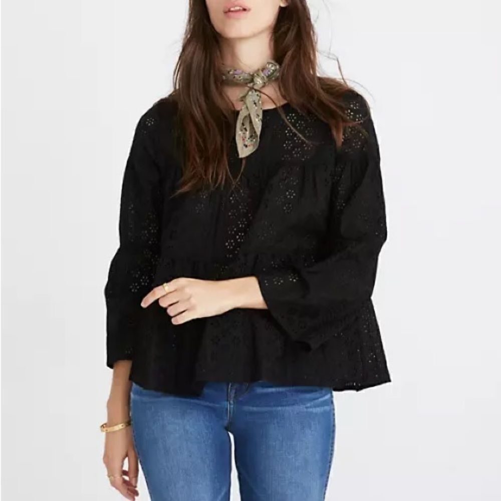 Madewell Size XS Black Tiered Eyelet Button Back Cotton Blouse Top